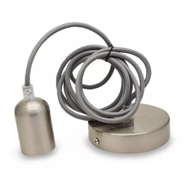 MIIDEX - DOUILLE E27 METAL CYLINDRE ROND BROSSE NICKEL + CABLE 2 M (5011)