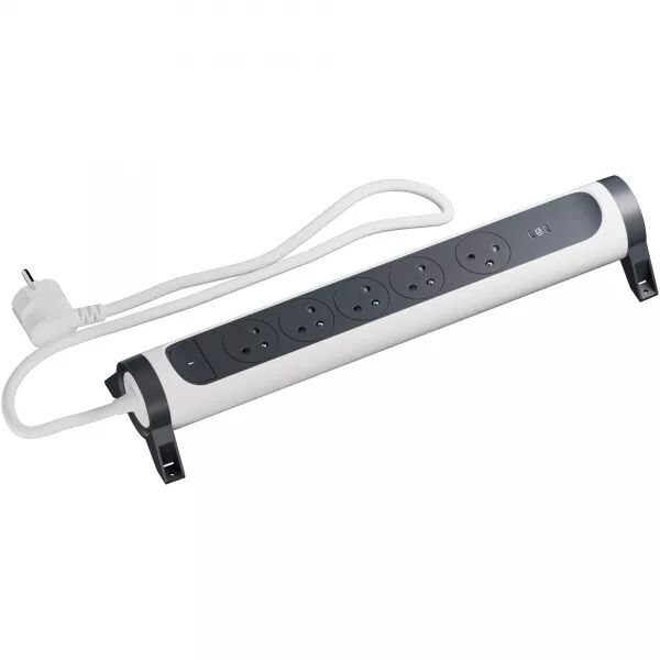 MULTIPRISE 5X2P+T SURFACE 16A 230V-3680W + DOUBLE USB C - CORDON 1,5M - B/N