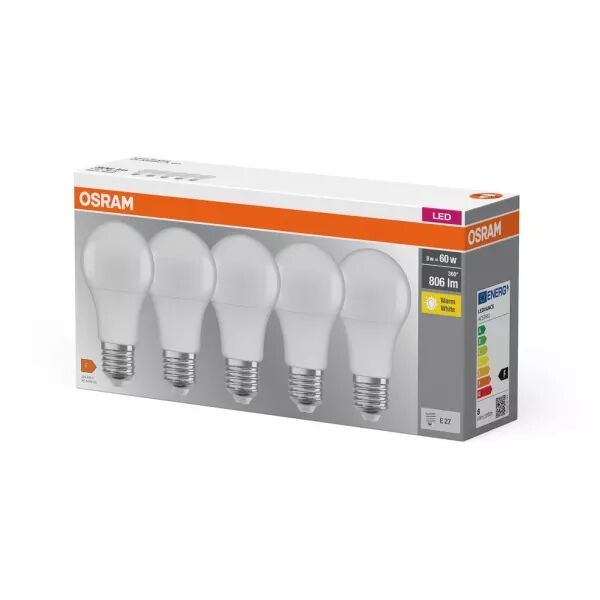 OSRAM - LED CLASSIC OSRAM BASE x5 CLA60 D�polie E27 8,5 W 827 806lm - Lot de 5 (4058075090484)