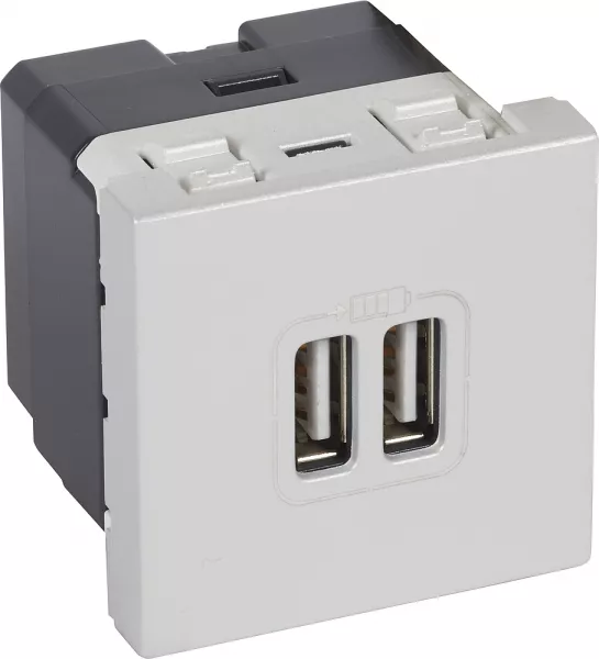 planet wattohm-chargeur double usb logix-2 modules - 2400ma type a - 230v/5v=  -alumnic ral9006 (pw49311)