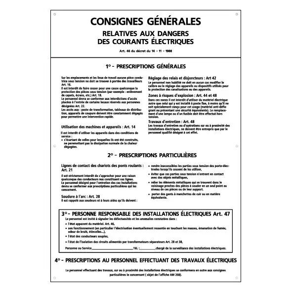 Plaque PVC \'\'Consignes g�n�rales relatives aux dangers...\'\' 350 x 500 x 1 mm (437105)