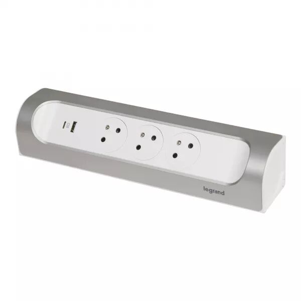 RALLONGE D\'ANGLE 3X2P+T SURFACE ET USB A+C � C�BLER - BLANC/ALU