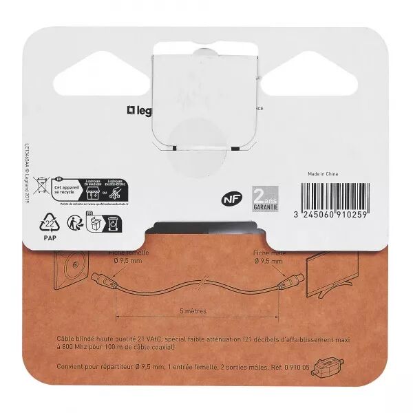 RALLONGE T�L�VISION 1 FICHE FEMELLE ET 1 FICHE M�LE �9,52MM - LONGUEUR 5M -BLANC