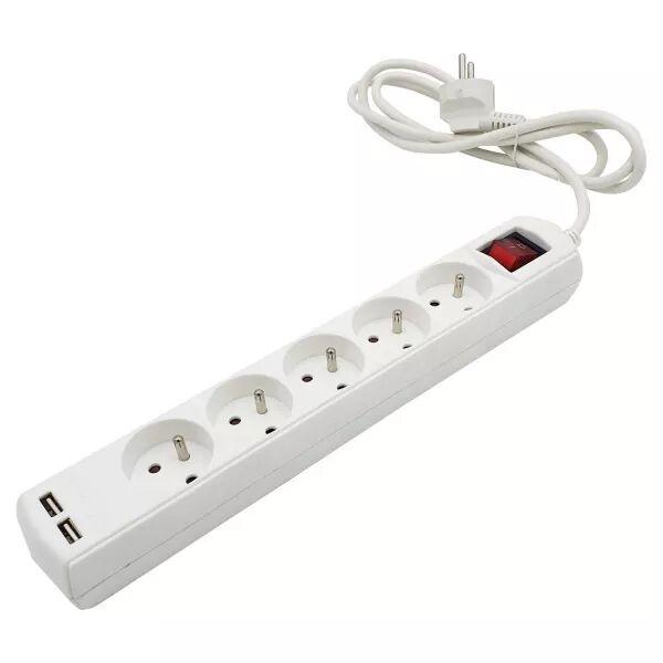 VELAMP - Multiprise fran�aise 5 sorties 2P+T et 2 prises USB C�ble 1,5 m (MULTIP-FR-USB5)